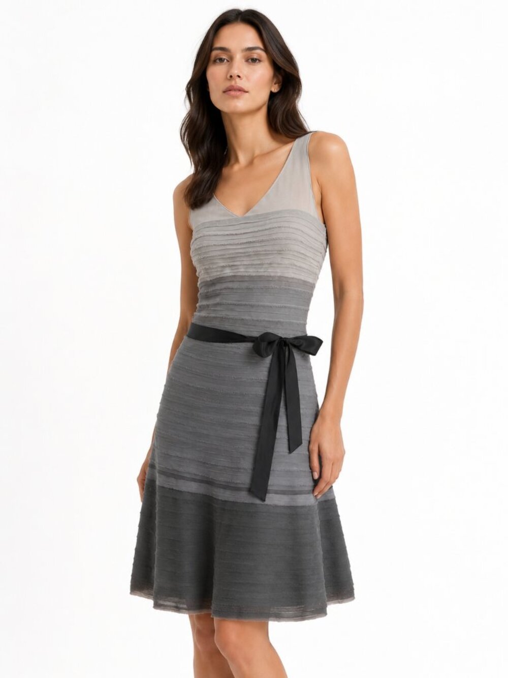 BCBGMAXAZRIA WENDY GREY OMBRE SLEEVELESS FIT & FLARE BELTED COCKTAIL PROM DRESS